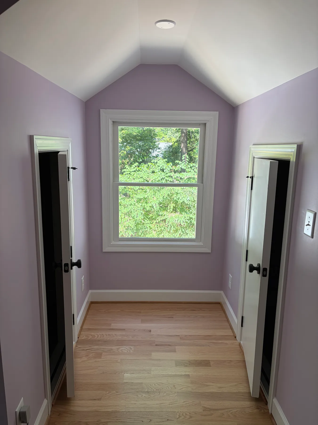 Finished Brown project hall with a central window, two doorways, and a sloped ceiling