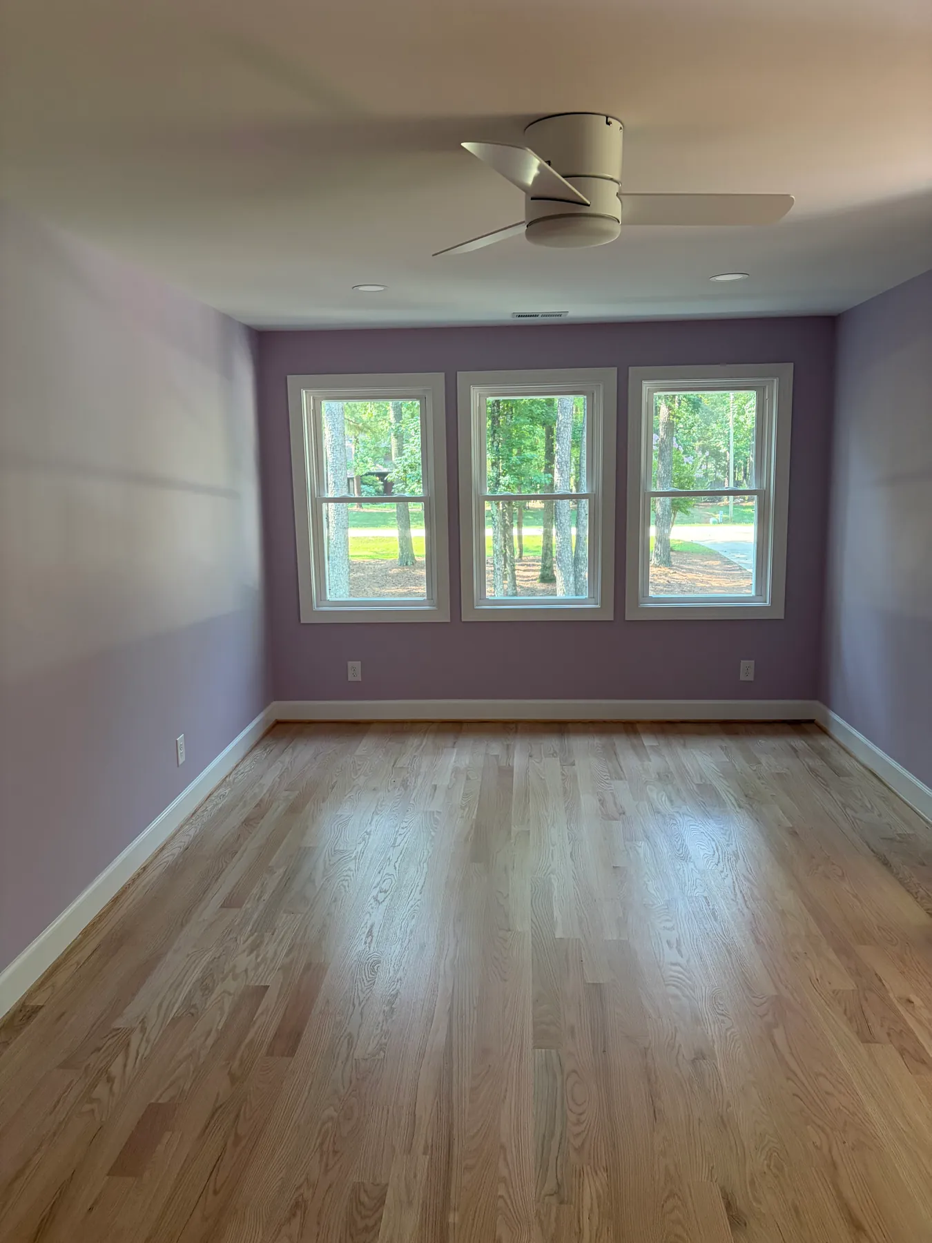 Finished Brown project room with light wood flooring, ceiling fan, recessed lights, and three windows